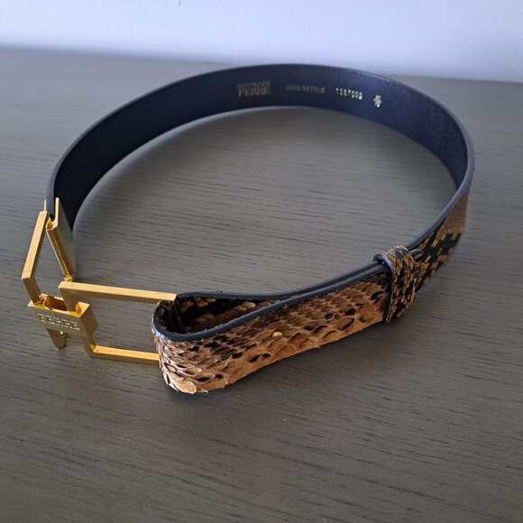 Gianfranco Ferre Italy Snakeskin Belt Unique Gold Metal Geometric Buckle VTG 90s main image 12
